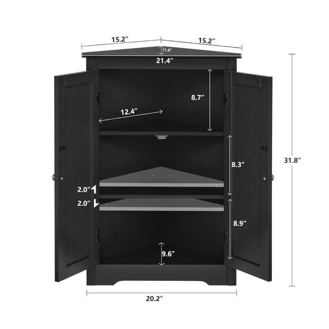🥨Black Corner Cabinet, Corner Bathroom Cabinet with 2 Doors & Adjustable Shelves, for Bathroom, Living Room, Kitchen, Black
