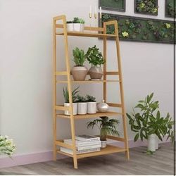 New 4-Tier Tall Ladder Shelf Multifunctional Storage Rack Bamboo Bathroom Shelf Book Shelf, Teak