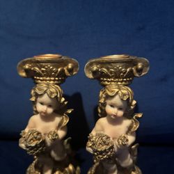 Italy Resin Cherub Winged Angel Candle Holders 