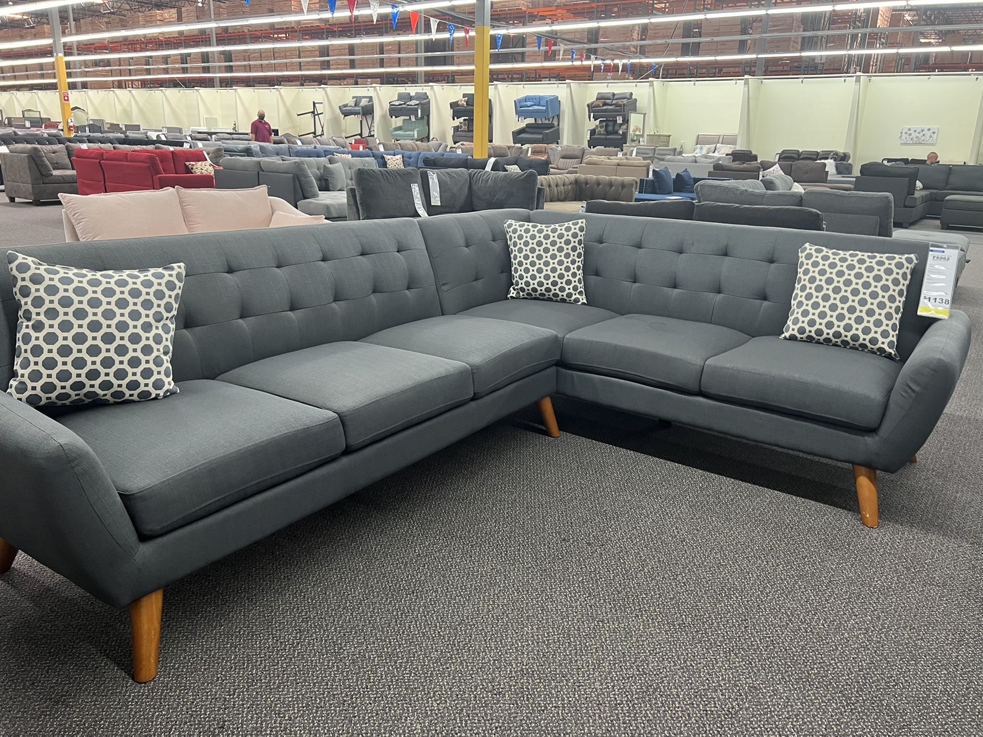 New Mid Century Sectional.  Grey.  111” X 85”.  Free Delivery!