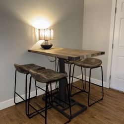 Adjustable Height Bar Table w/ Outlet + 4 Stools – Industrial Wood & Metal
