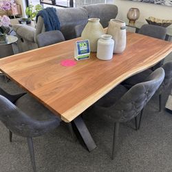 Live Edge Dining Table Solid Wood Plus 6 Tufted Linen Chairs 