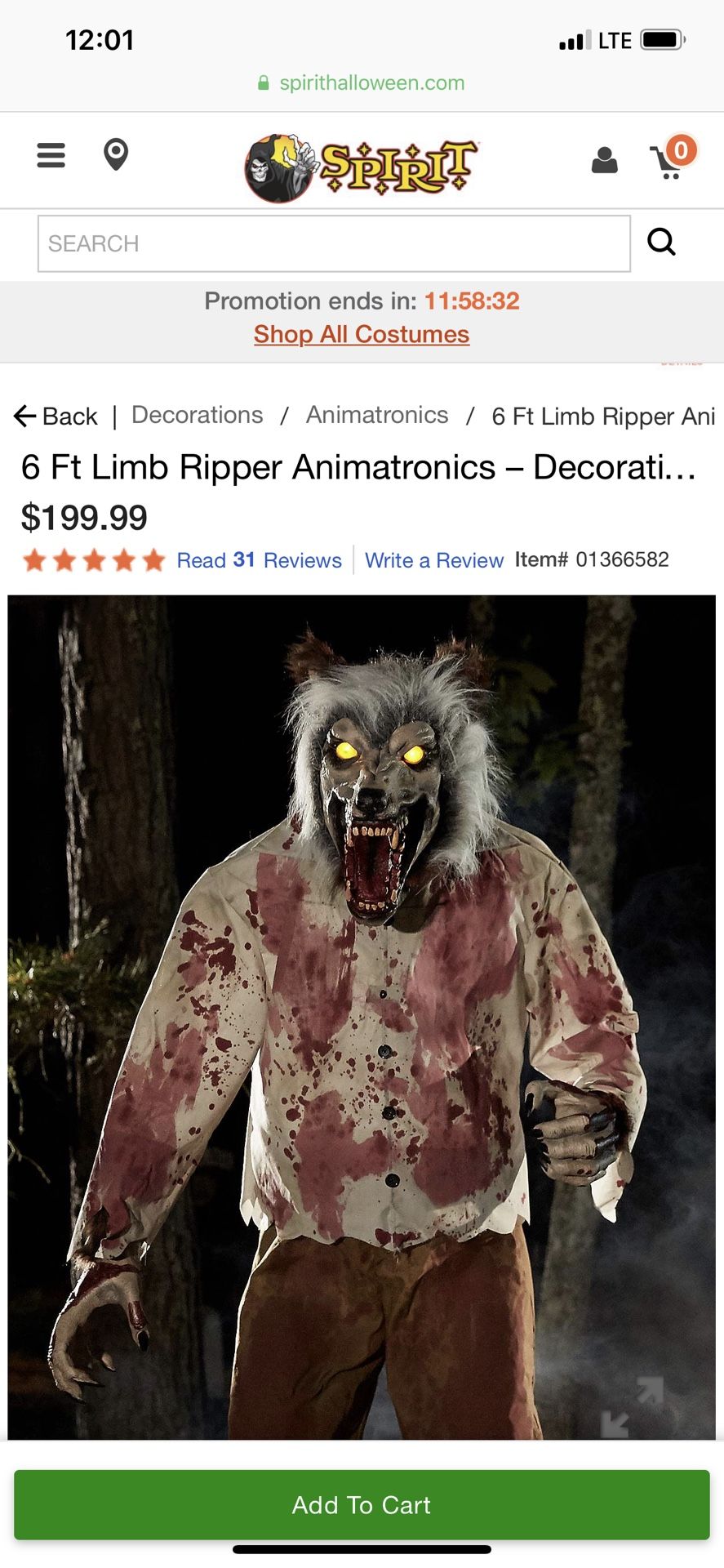 6 Ft Limb Ripper Animated Wolf Halloween Prop Animatronic