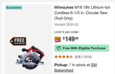 Milwaukee M18 18V Lithium-lon Cordless 6-1/2 in. Circular Saw (Tool-Only) Model# 2630-20