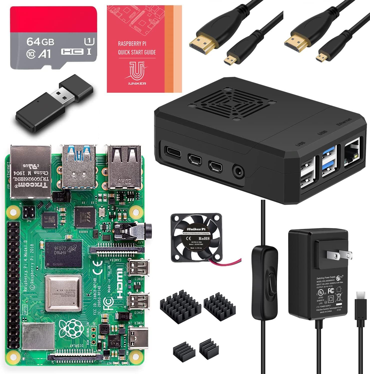 Raspberry Pi 4 4GB Max Kit 64GB Edition Raspberry Pi 4 Case with Fan 20W 5V 4A Raspberry Pi 4 Power Supply with ON/Off Switch HDMI Cable for Pi 4
