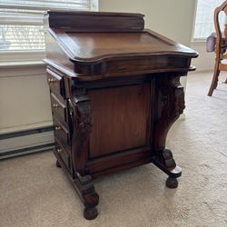 Fine Ornate Vintage Antique Captain’s Desk, heavy solid wood. hinged upper compartment, hinged main top, 8 cubby drawers in main compartment, 8 side d