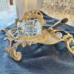 Vintage 1980 Teleflora Filigree Brass Inkwell & Pen Holder