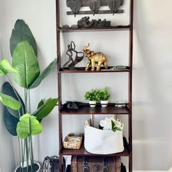 Natural Wood -2 for 1  Lighted Corner Display Cabinet with 5 - leaning ladder Bookshelves 