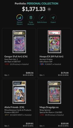 Take all high end Personal Collection $1,371 selling all for $1,000/Grand Pokemon TCG graded cards

Gengar (Gem Pack Vol. 3, Simplified Chinese Exclus