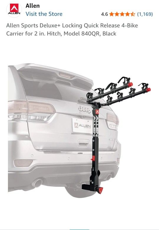 Allen Sports Deluxe+ Locking Quick Release 4-Bike Carrier for 2 in. Hitch, Model 840QR, Black