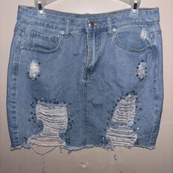 Distressed Jean Skirt With Pearl Accents 