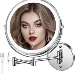 MNIENT Wall Mounted Lighted Makeup Mirror, 8" Rechargeable Double-Sided Magnifying Mirror 1x/10x, 3 Colors Led Vanity Mirror with Lights, Touch Dimmab