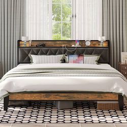 King Size Bed Frame, Storage Headboard with Outlets, Easy to Install, Sturdy and Stable, No Noise, No Box Springs Needed - Perfect for a Good Night's 