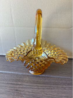 Vintage Fenton Glass Amber Hobnail Glass Basket