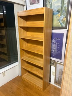 Mid-century style like oak six shelf bookcase, clean and sturdy