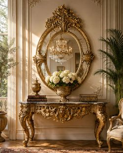 👑 Monumental French Louis XV Style Gilt Carved Oval Mirror 57"H x 42"W