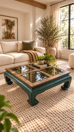 Solid Oak Coffee Table | Forest Green & Natural Wood