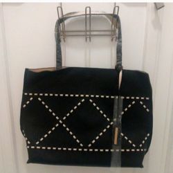 Street Level Y2K Black Beige Reversible Leather Tote Bag 