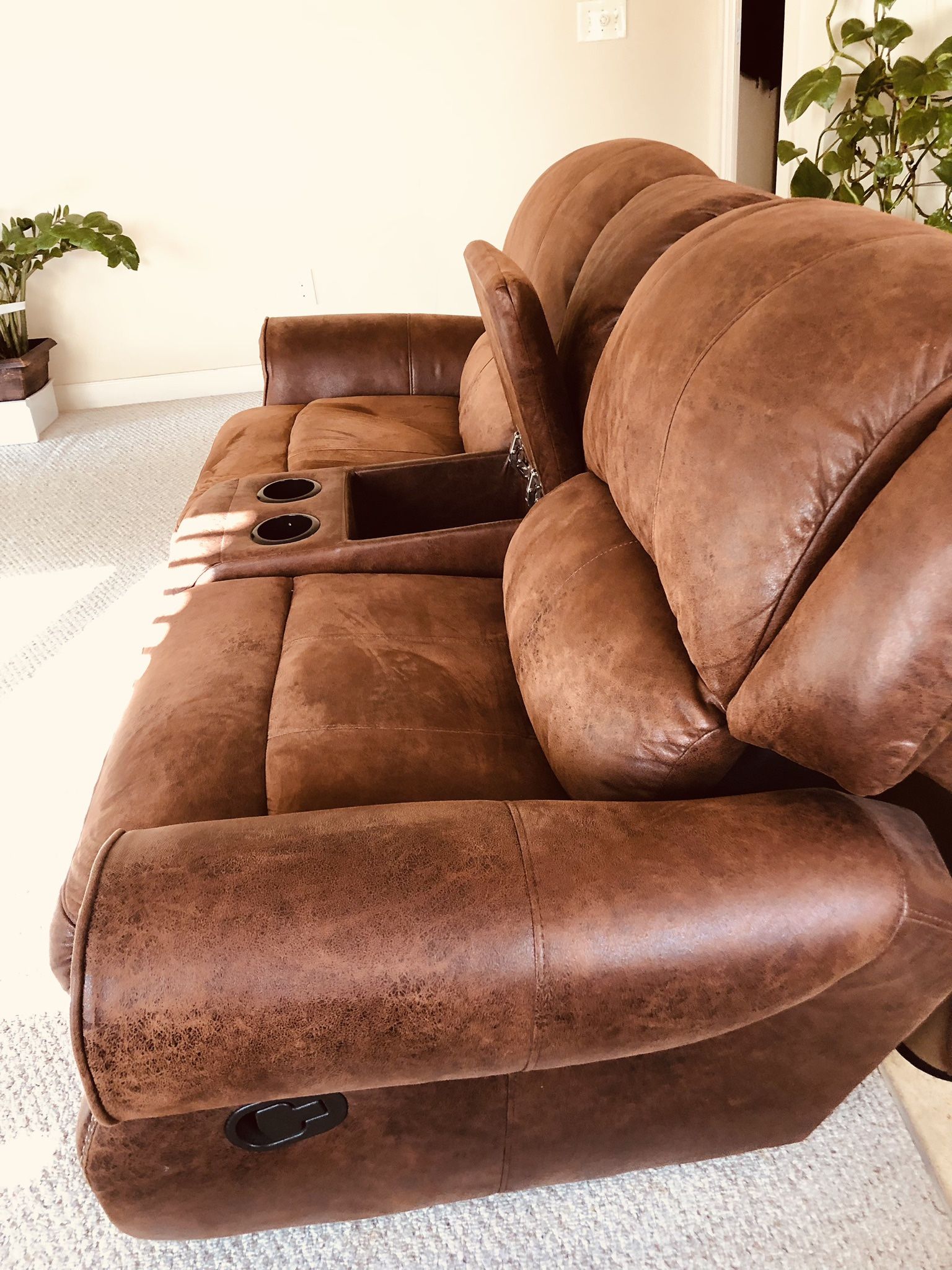 Excellent Two Seater Manual Recliner With Storage And Cup Holder