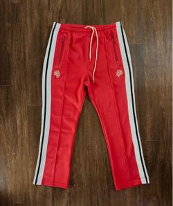 Red Track Pants with Side Stripe and Tiger Embroidery