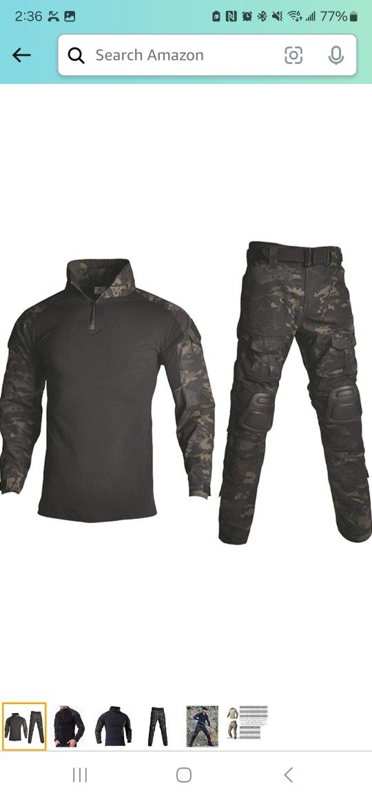 HanWild Mens Black Combat Suits Military Uni Camo Army Tactical Shirt,Pants,pads Size Large, 38 Pants