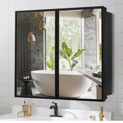 New 30 Inch x 27 Inch Farmhouse Black Metal Framed Recessed or Surface Bathroom Medicine Cabinet