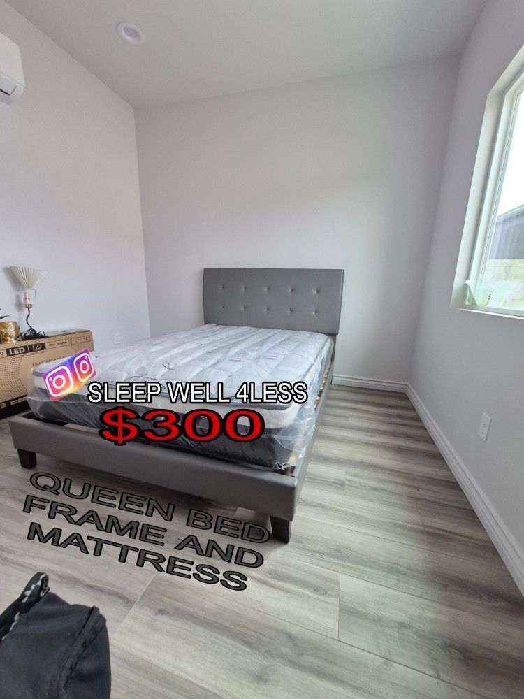 NEW QUEEN BED FRAME AND MATTRESS