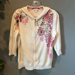 Vintage Christopher & Banks Floral Zip Up Hoodie Sweater Large Boho Grandma Cottagecore
