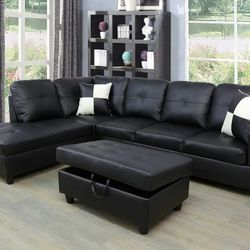 Black  Faux Leather sectional with storage Ottoman