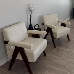 Mid Century Modern Chairs Set of 2 Beige Linen Fabric Accent Chair Wooden Arms with Soft Bag Living Room Chairs with Thick Cushion Comfy Leisure Waiti