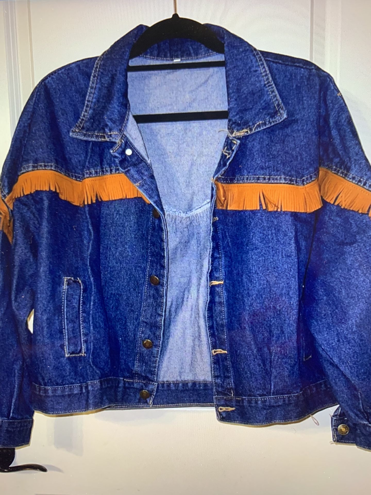 Denim bomber jacket with suede fringe 