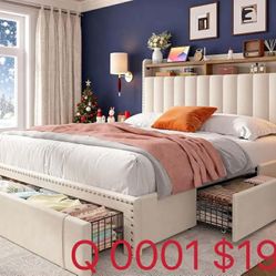 Queen Size Bed Frame with 3 Storage Drawers, Upholstered Bed Frame with 2-Tier Headboard Shelves(0001)