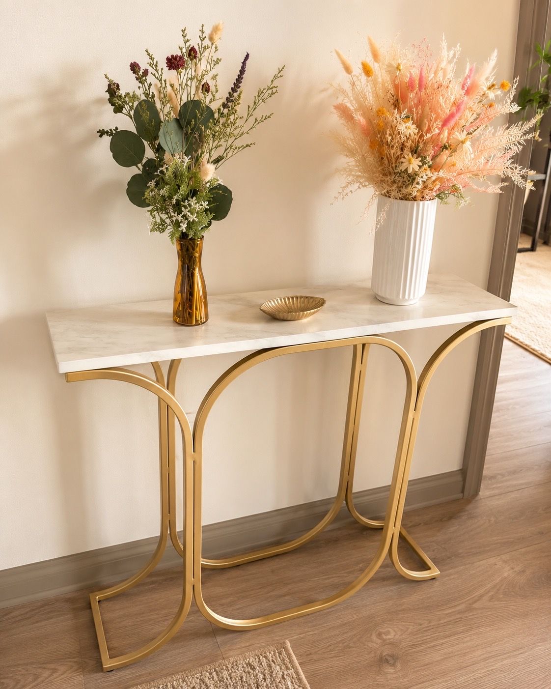 Entry side table with marble gold aesthetic