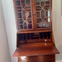 Antique Walnut Serpentine Secretary Desk Chippendale Style Bookcase