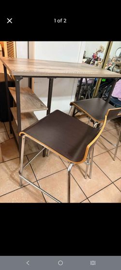 Wood and Metal Bar Height Desk with Shelves and 2 Stools