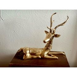 Vintage Deer Brass Reclining Sculpture Buck Animal Figure MCM Possible 60’s 9”