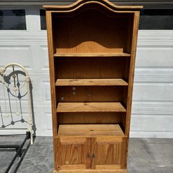 Solid ornate solid Mexican pine wood 5-layer shelf bookcase cabinet w/ molding. Excellent condition measurements 12 1/2 deep x 36L x 78H. 