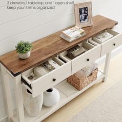 Console Sofa Table, Narrow Entryway Table with 3 Drawers, Open Storage Shelf, Metal Corners, for Living Room, Farmhouse Style, Honey Brown and Rustic 