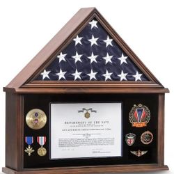 Large Burial Flag Case - Solid Wood Display Case for 5x9.5 Folded Military Flag with Certificate Holder - Walnut Finish
