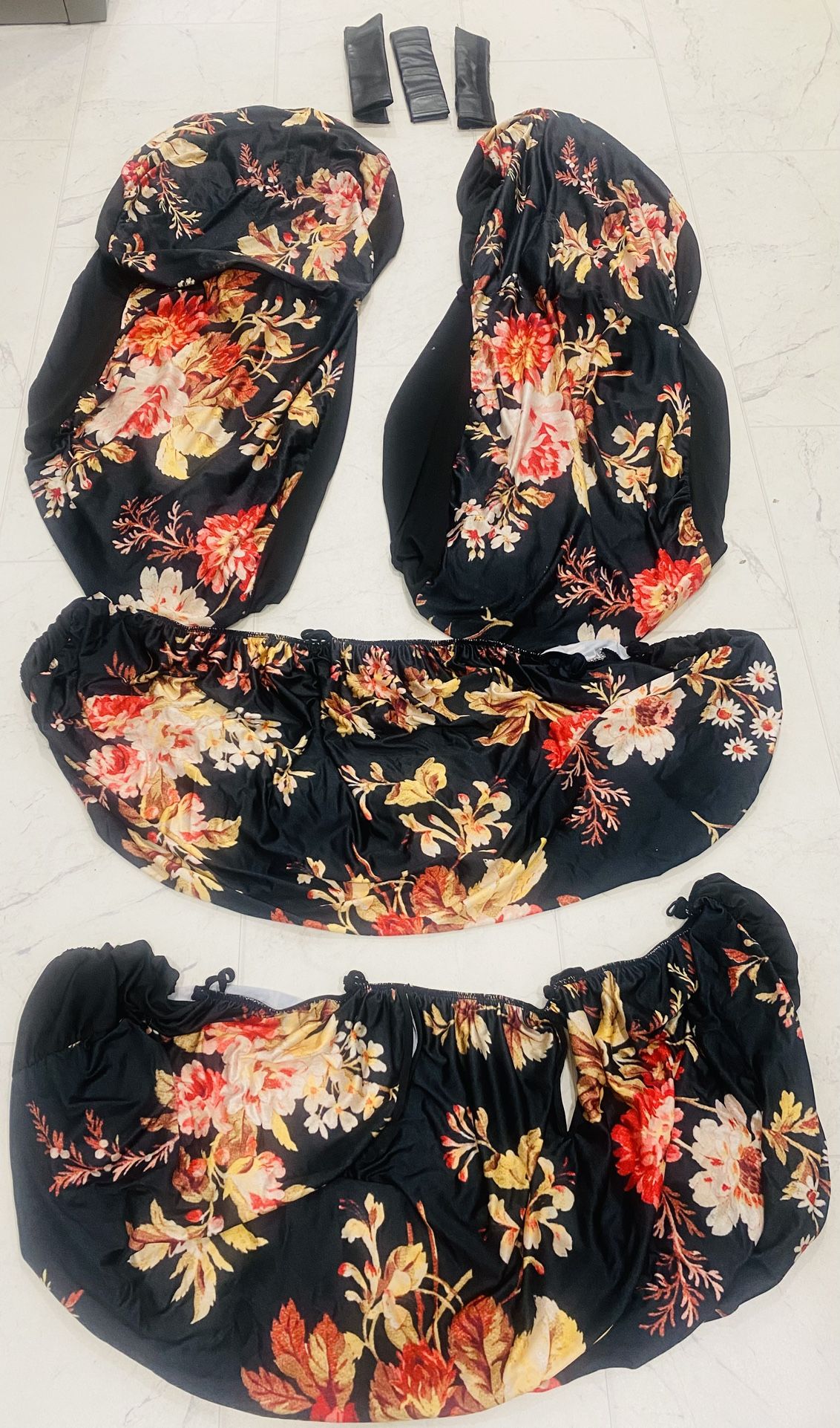 Floral Car Seat Cover Set with Leather Seatbelt Strap Protectors 