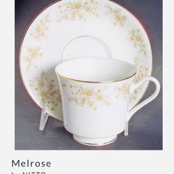 Melrose White and Gold Floral Cup and Saucer Set, Fine China , Like New 