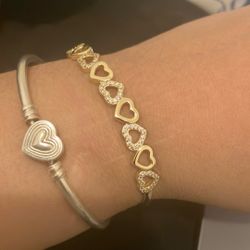  14K Gold Hearts Bangle Adjustable Bracelet with crystals from Swarovski in 14K Yellow Gold Plated