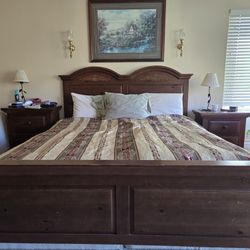 Solid Pine Bedroom Set - King size head and foot board, dresser with mirror, 2 bedside tables
