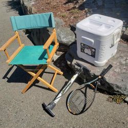 Igloo Cooler,  Wilson Tennis Racquet,  Raptor Air Pump,  Folding Chair 