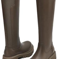 Women's Knee High Boots Fashion Platform Lug Sole Tall Riding Boots Comfortable Stretch Calf Dress Long Boots（grey 6.5）