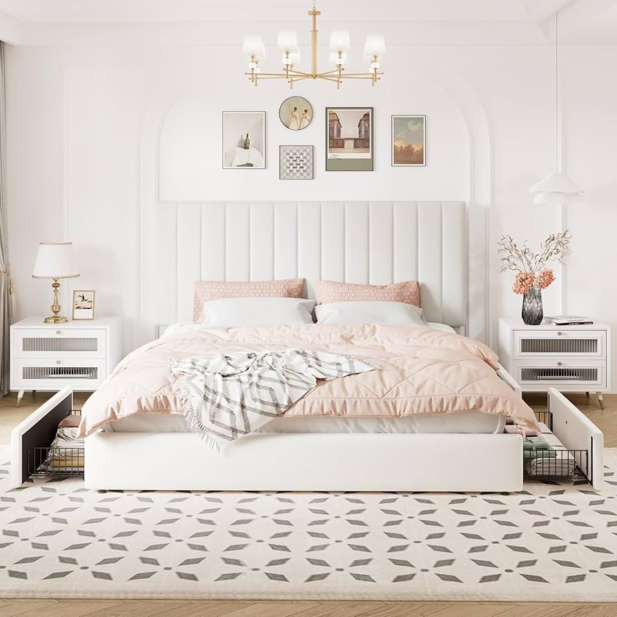 Queen Size Storage Bed Frame, Vertical Channel Tufted Adjustable Headboard, Velvet Upholstered Platform Bed with 4 Oversized Underbed Drawers, Wooden