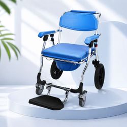 Shower Wheelchair with Commode, Aluminum Alloy Shower Chair with Wheels, Blue Wheelchair Equipped with Armrests and Handbrake