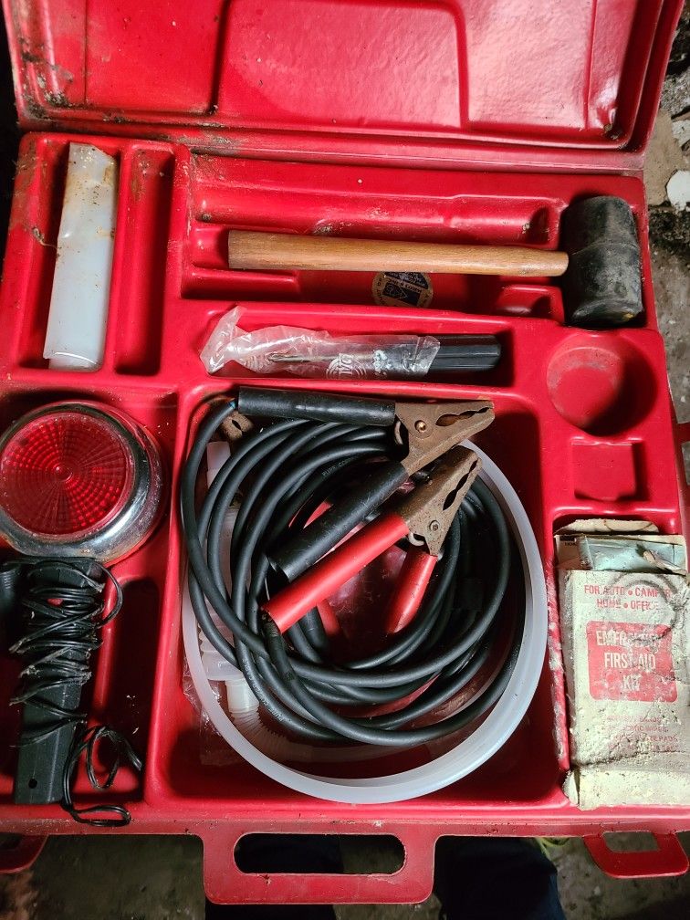 Ride A Way Auto Emergency Kit In Case. Jumper Cables, Siphon Hose, Rubber Mallet, Spot Light. West,