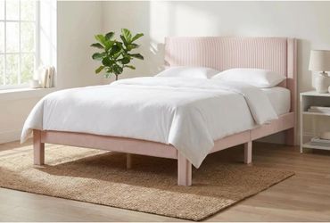 Modern Blush Pink Queen Pleated Velvet Upholstered Platform Bed  Frame