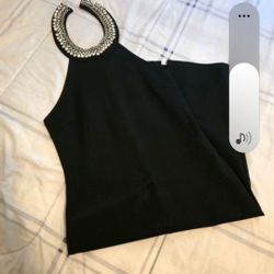 Black Fitted Dress With Rhinestone Neck Accent- M